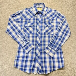Wrangler Mens L Blue Plaid Pearl Snap Western Shirt Long Sleeve